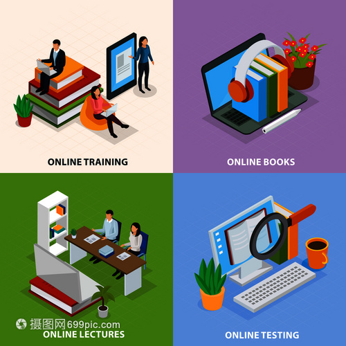 線教育等距理念,網(wǎng)絡(luò)培訓(xùn),電子書籍,互聯(lián)網(wǎng)講座,知識測試孤立矢量插圖線教育等距